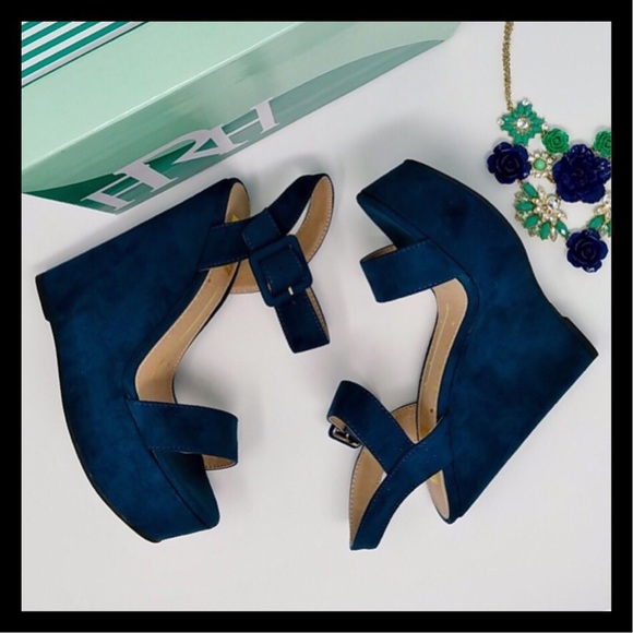 FRH Shoes - Teal Ankle Strap Open Toe Wedges Vegan Suede.